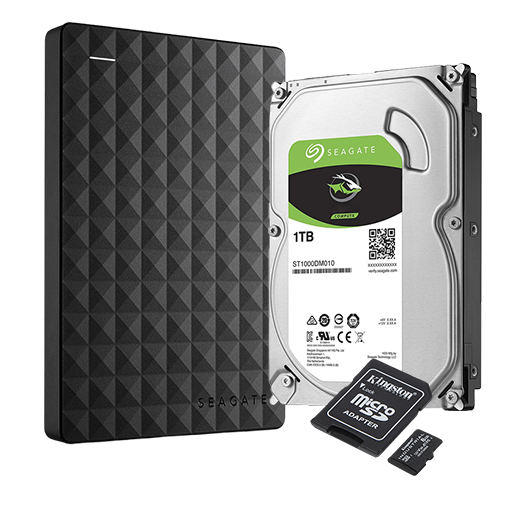 External hard drive, internal drive and memory cards
